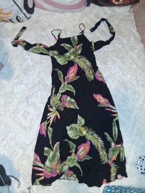 Anne Klein Black Maxi Dress with Pink and Green Tropical Print